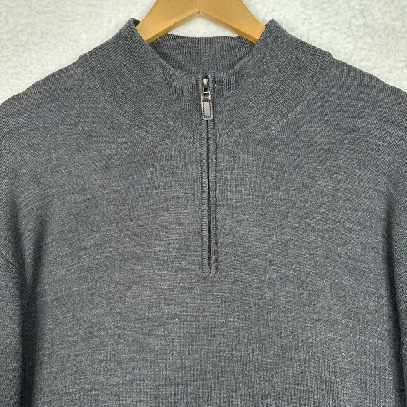 Jos A Bank Men’s XXL Sweater 100% Merino Wool Gray 1/4 Zip Suede Elbow Patch - Picture 2 of 12